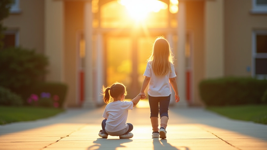 Parent and child walking hand-in-hand toward school building on first day, morning light