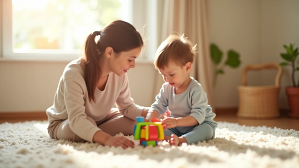 Parent and child engaged in learning activity together at home with educational toys and materials