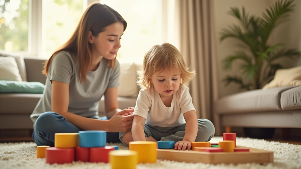Parent and child playing with building blocks on living room floor, natural daylight from window