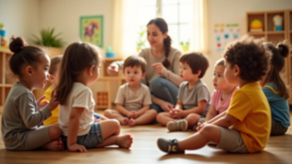 Group of preschool children sitting in circle during social activity time with teacher