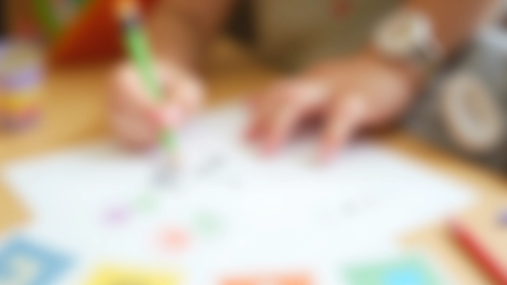 Child's hands holding pencil over paper with drawings and numbers, educational setting